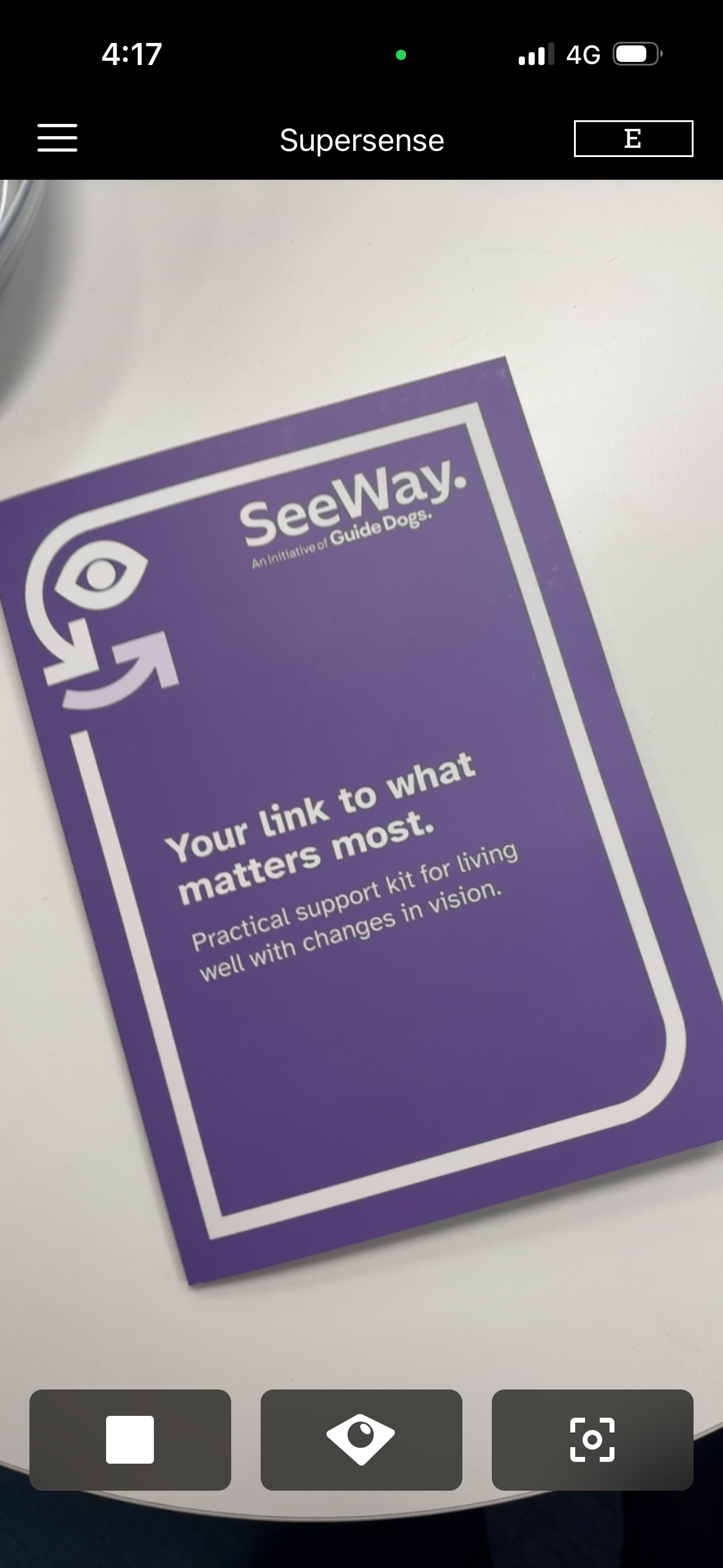 A screenshot of the Supersense app scanning a purple SeeWay folder which reads "Your link to what matters most".