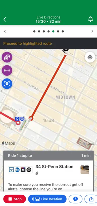 A screenshot of live updates for a public transport journey being given in the Moovit app.