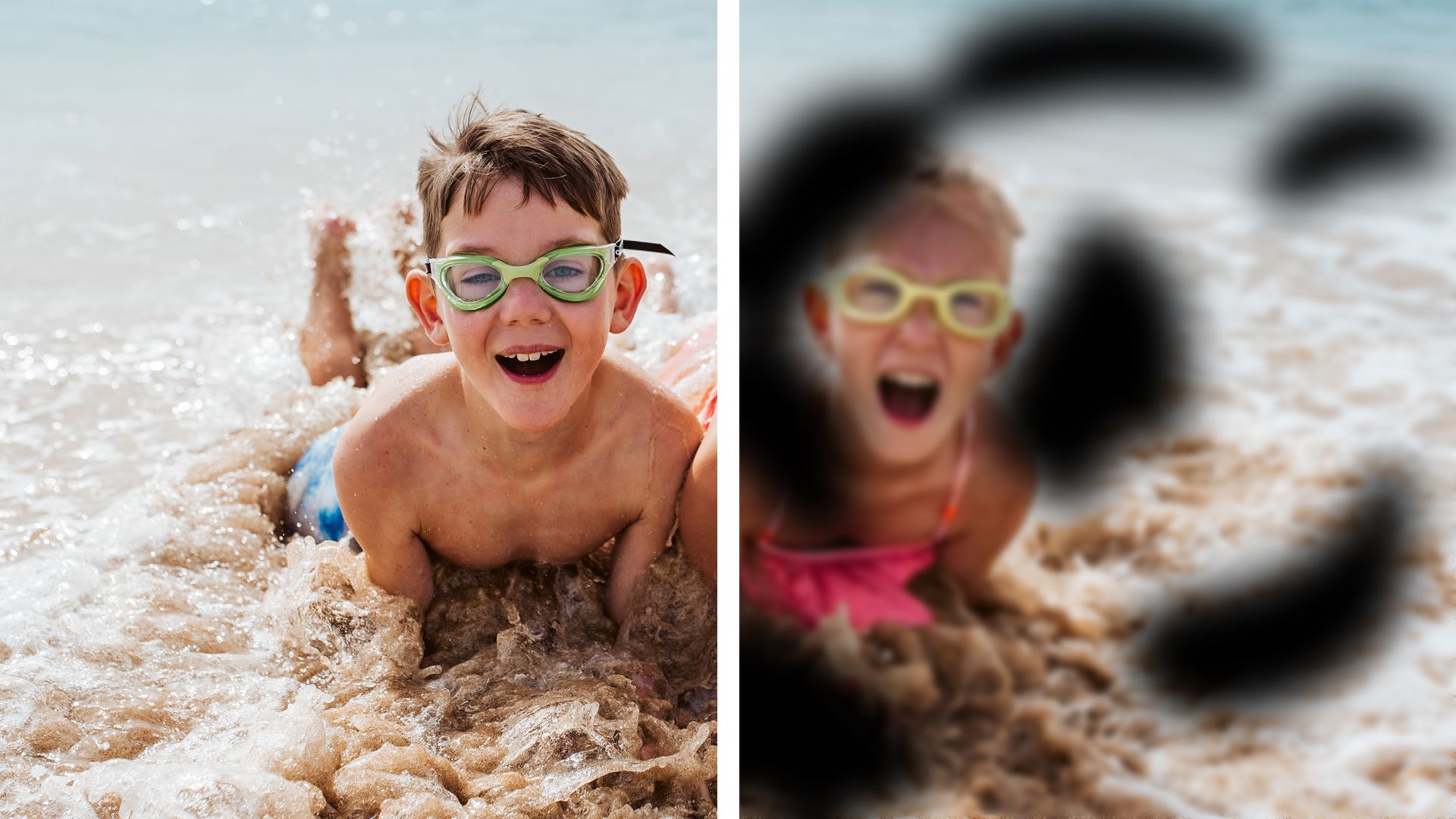 Two children at the beach with the right hand side showing the effects of DR on vision