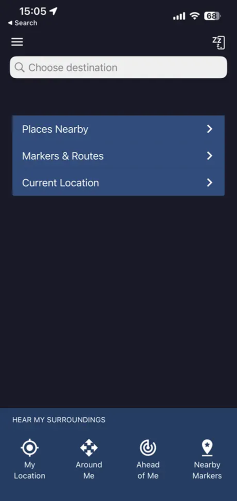 A screenshot of the Soundscape homepage with options to find a route or find information about your current location and surroundings. 