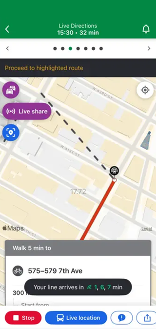 A screenshot of a public transport route on the Moovit app with the purple Live share button in the top left corner.