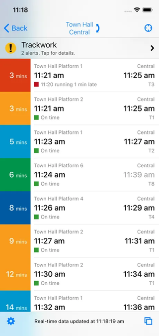 A screenshot of the TripView app showing all upcoming services on the route between Town Hall and Central.