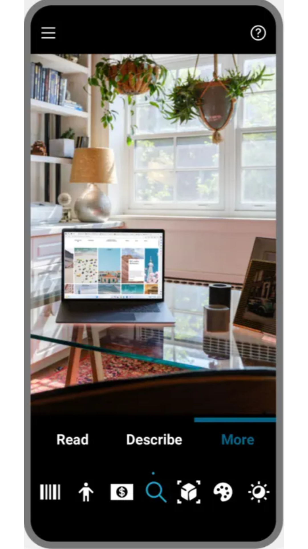 An image of the Seeing AI app using the 'Find my things' feature in a home office.