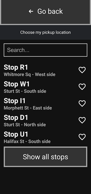 A screenshot of the See Me app showing different bus stops in a list.