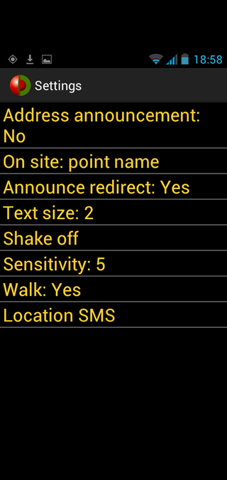 A screenshot of the DotWalker app settings, allowing you to customise when announcements are made, location names, text size, travel method and sensitivity.