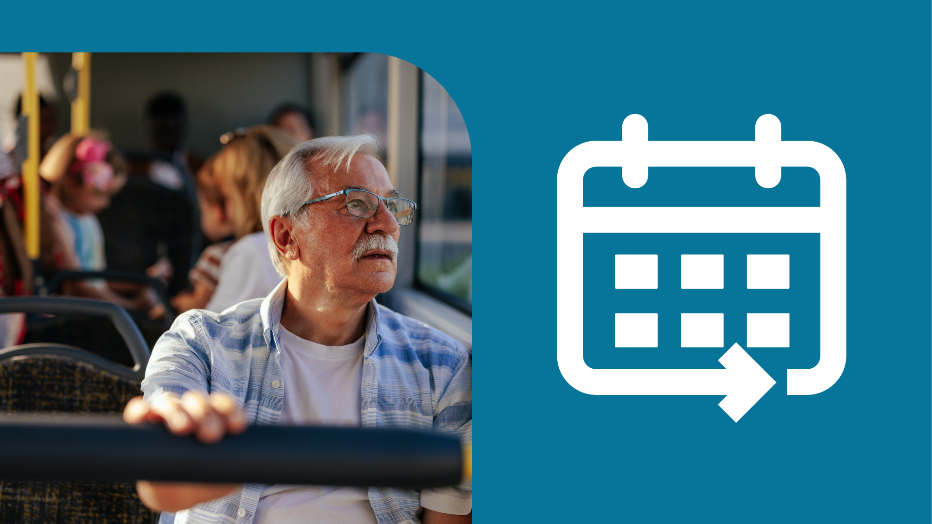 A man sits on a public bus looking outside the window. Next to him is a white calendar icon on a blue background.