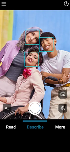 Seeing AI being used to describe an image of three people posing for a photo.