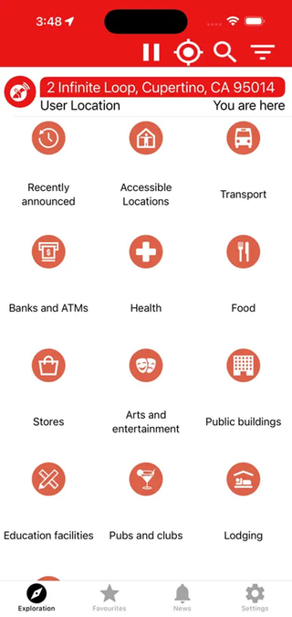 A screenshot of the Lazarillo app displaying different venue types to search, such as Accessible Locations, Transport, and Public Buildings.