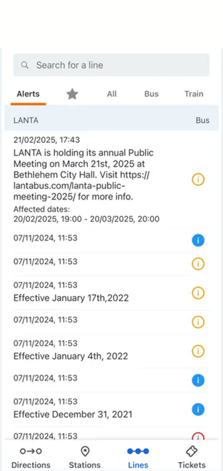 A screenshot of local transport alerts displayed in the Moovit app.