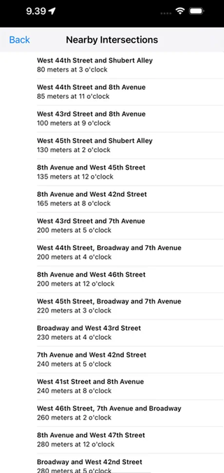 A screenshot of the Blind Square app displaying a list of nearby intersections, their street names and distance.