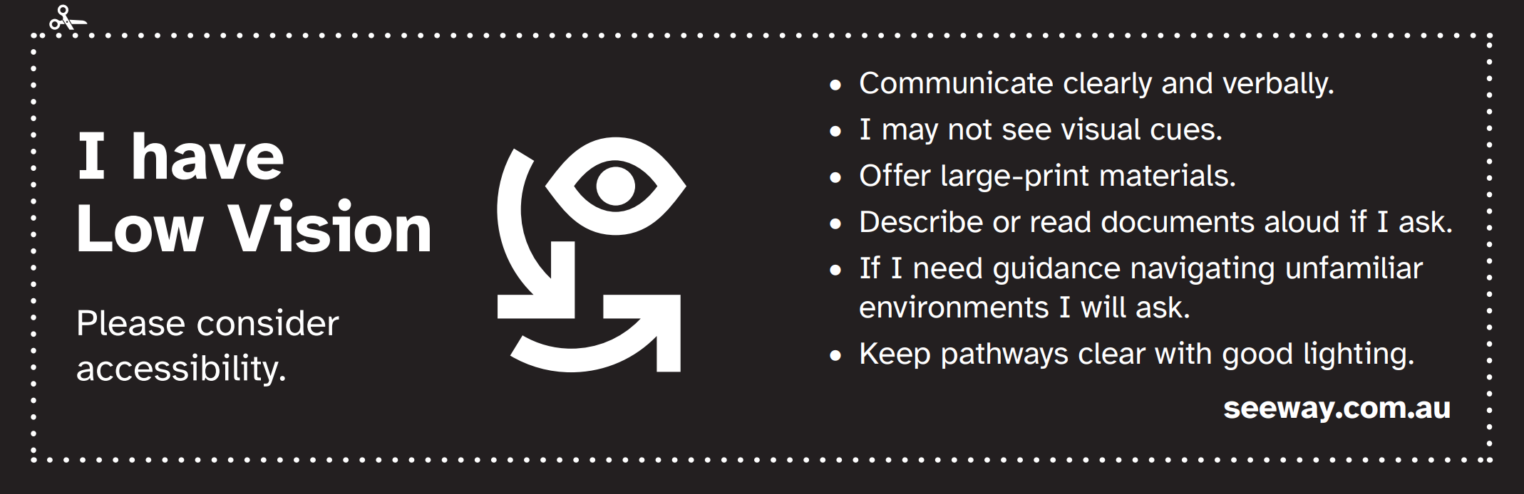 A black card that says "I have low vision, please consider accessibility"