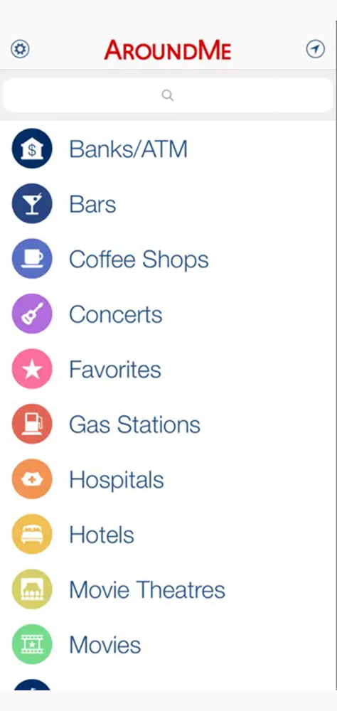 A screenshot of the AroundMe app displaying different selectable venue types.