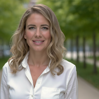 A smiling woman stands facing the camera in a park