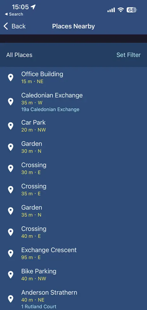 A screenshot of the Soundscape app listing all places nearby, such as buildings, parking, and crossings. 