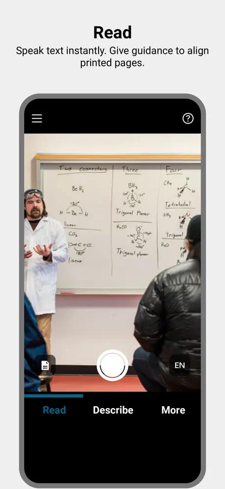 A screenshot of a person using Seeing AI in a lecture to read notes on the whiteboard.