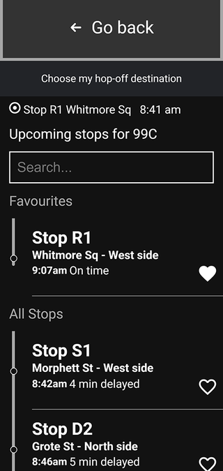 A screenshot of the See Me app listing possible stops for you to disembark at.