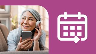 A woman lies on the couch using her phone with headphones. Next to her is a white calendar icon on a pink background.