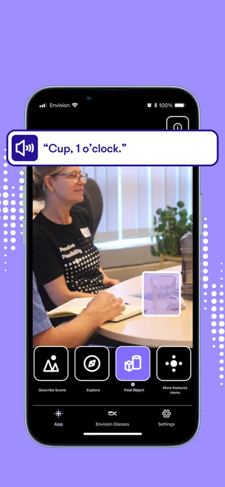 A screenshot of Envision AI finding a cup on a table. Text reads "Cup, 1 o'clock."