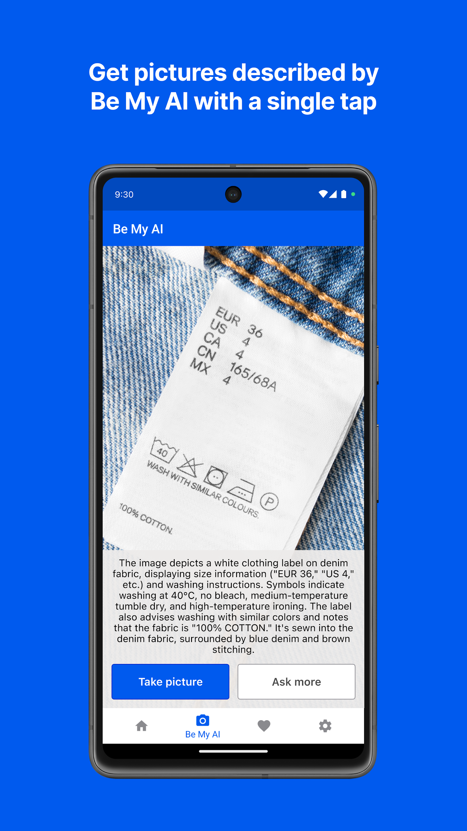 A screenshot of someone using Be My AI to read a tag on their jeans.