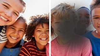 An image of children's faces with the right side showing the effects of AMD on vision