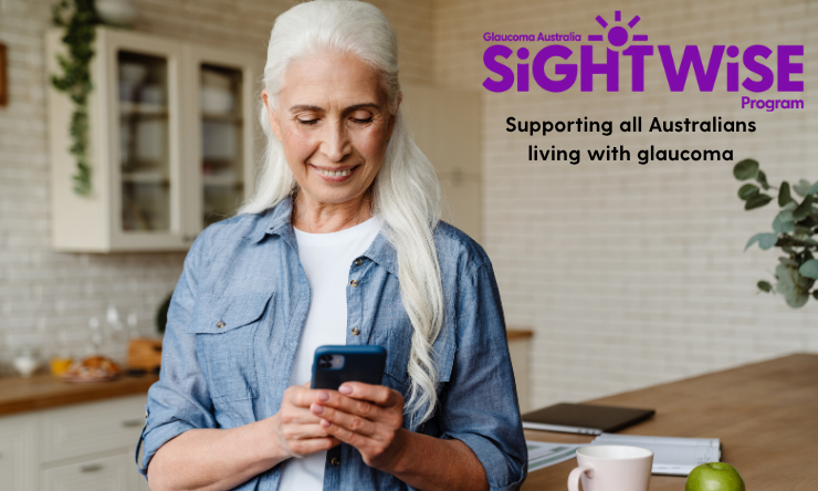 A smiling woman looking at her phone with the Sight wise logo and tagline in the top right corner of the image.