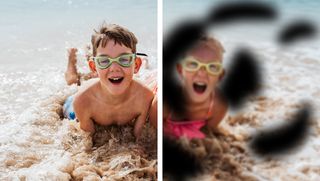 Two children at the beach with the right hand side showing the effects of DR on vision