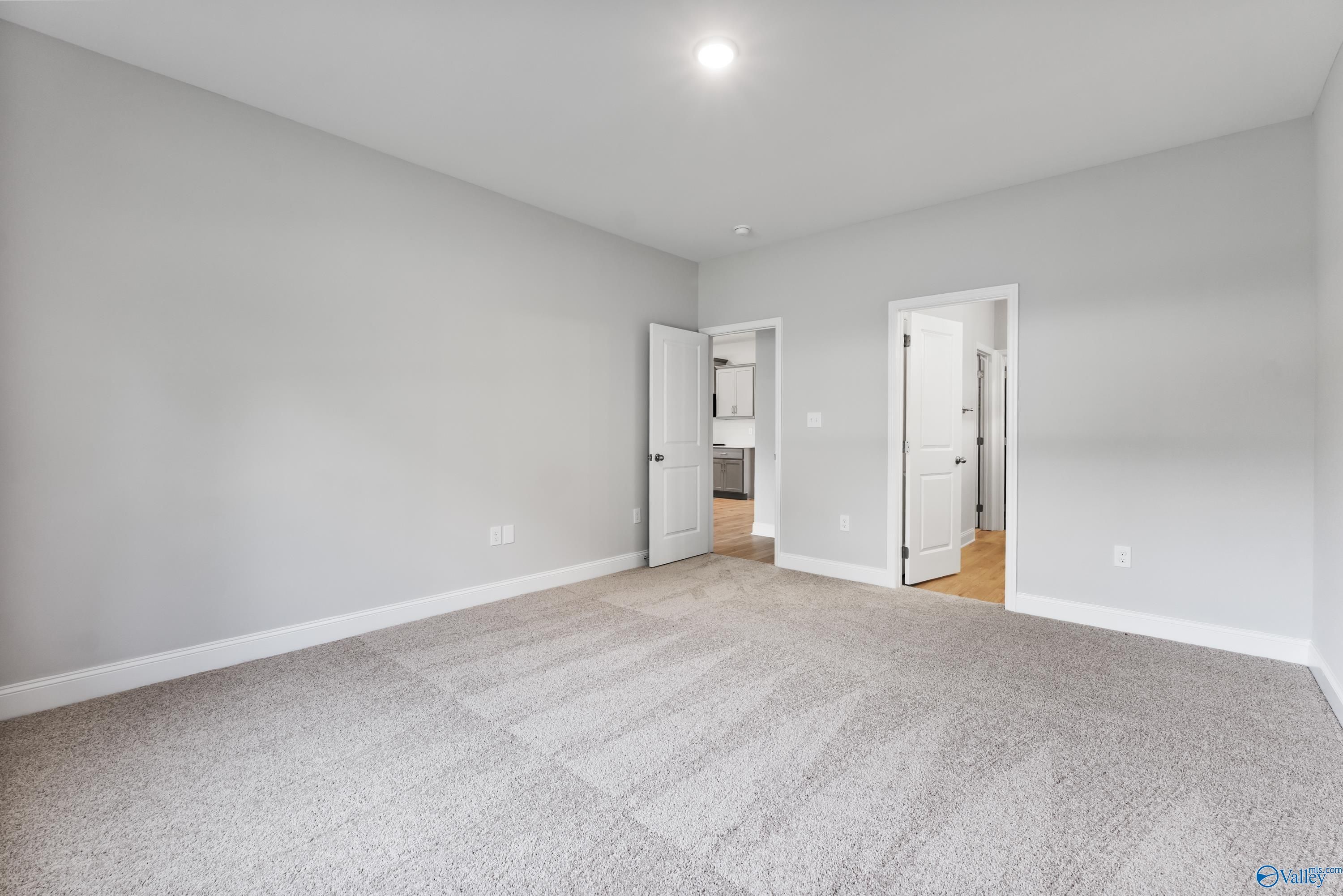 Neutral-toned bedroom with open door to en-suite bath and carpeted floors in Davidson Homes The Daphne C, Huntsville AL