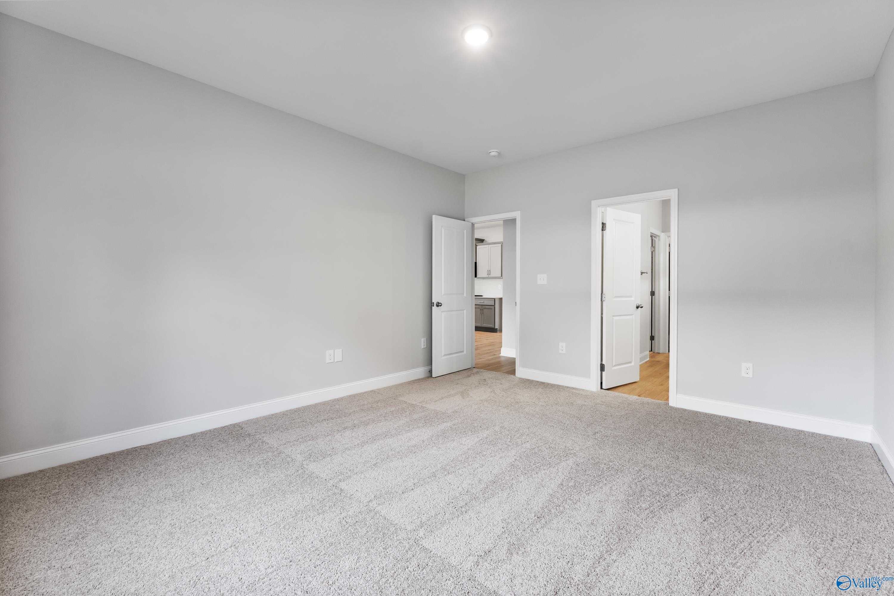Spacious bedroom with gray walls, plush carpet, open door to bathroom in Davidson Homes The Daphne C, Huntsville AL