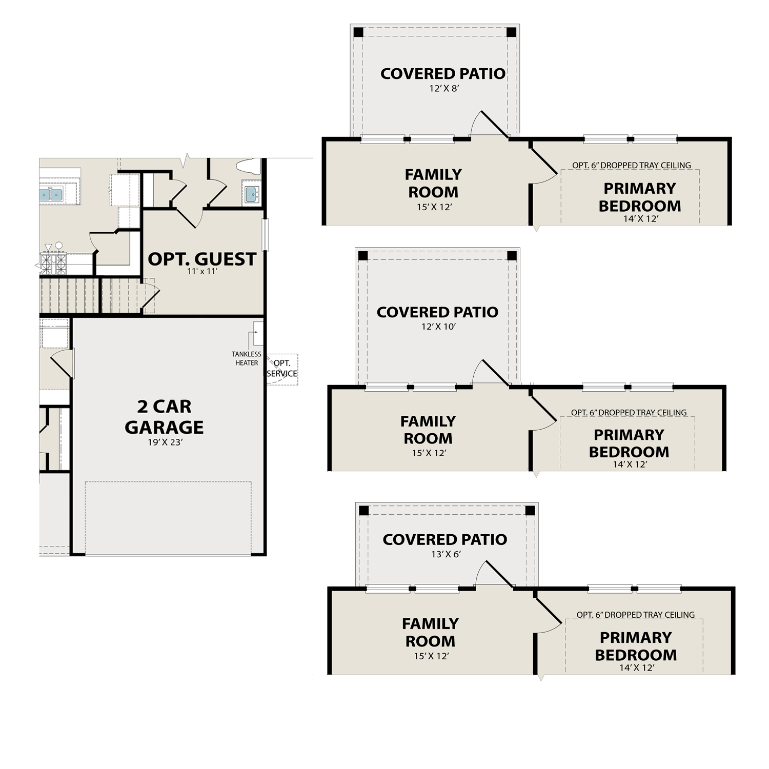 The Rio Grande two-story floor plan featuring 4 bedrooms, primary suite on main, 3-car garage, family room, and covered patio