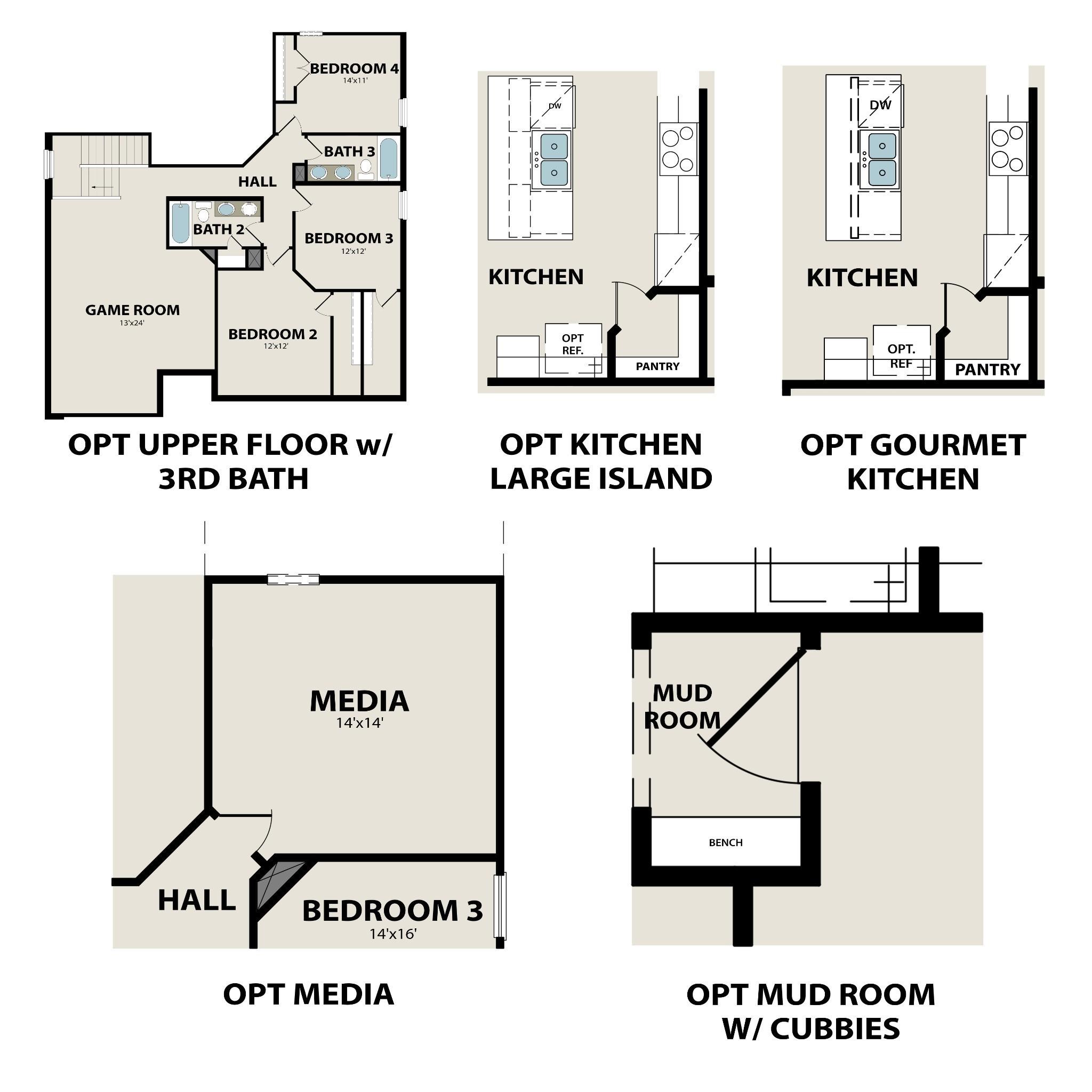 Floor plan options for The Ridgeport D by Davidson Homes in Benders Cove, Mt. Juliet, featuring game room and gourmet kitchen.