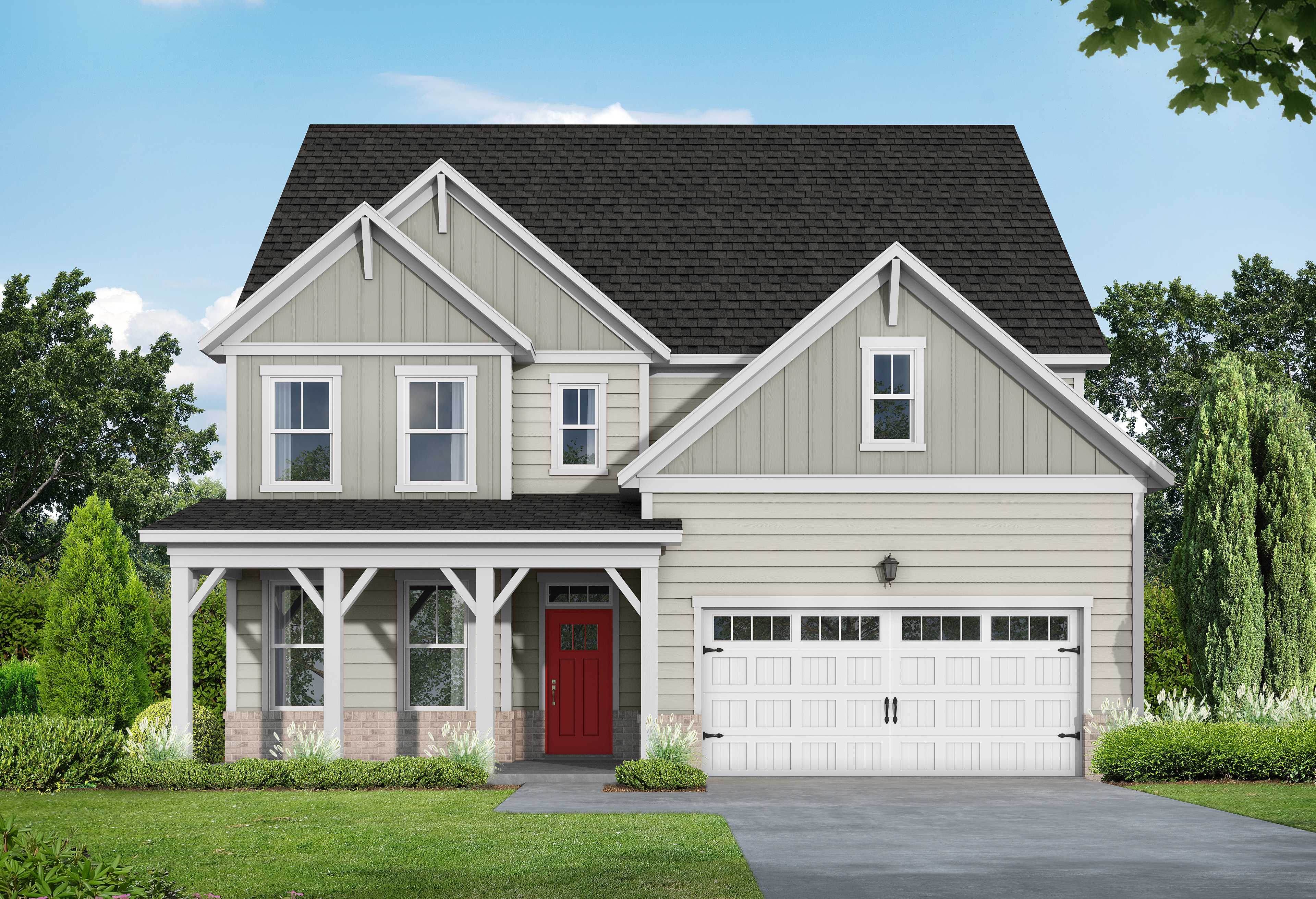 Two-story Hickory B II home elevation with beige siding, black roof, red front door, wraparound porch, and two-car garage amid lush landscaping