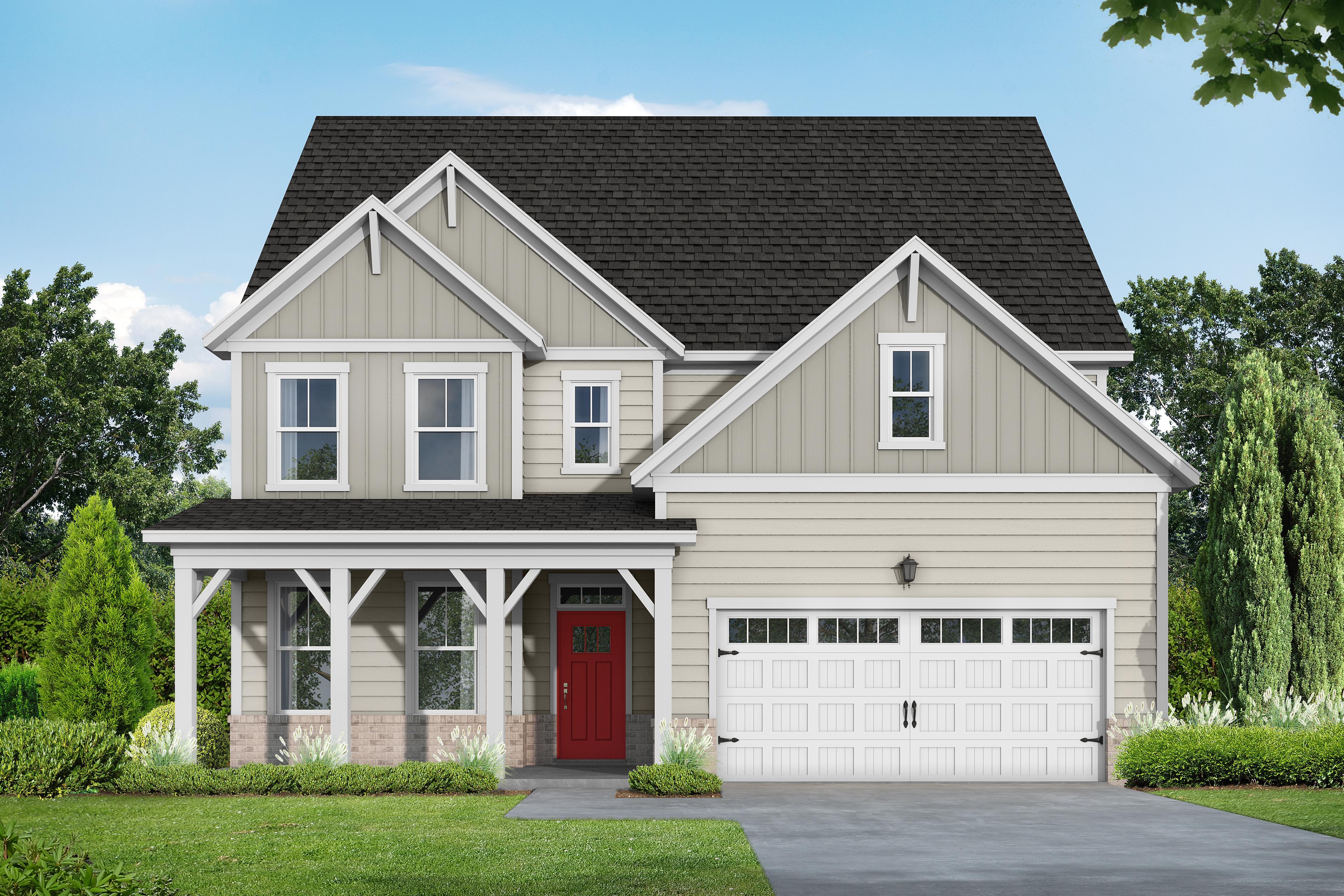 Two-story exterior of The Hickory II B by Davidson Homes, beige siding, red door, wraparound porch, 2-car garage, landscaped yard in Lillington NC