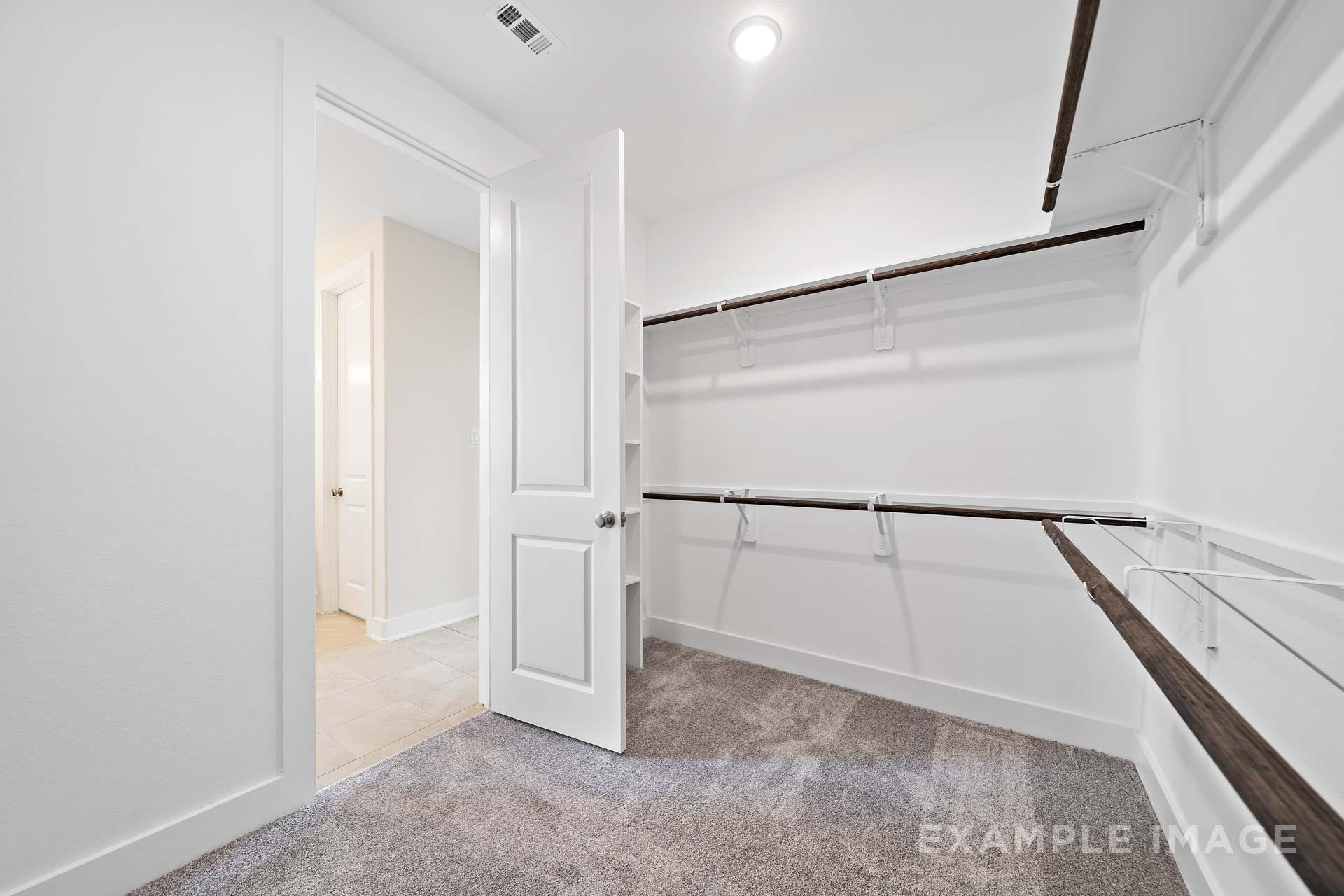 Spacious master walk-in closet in The Diana C by Davidson Homes, with white walls, wooden shelves, hanging rods, and carpeted floor