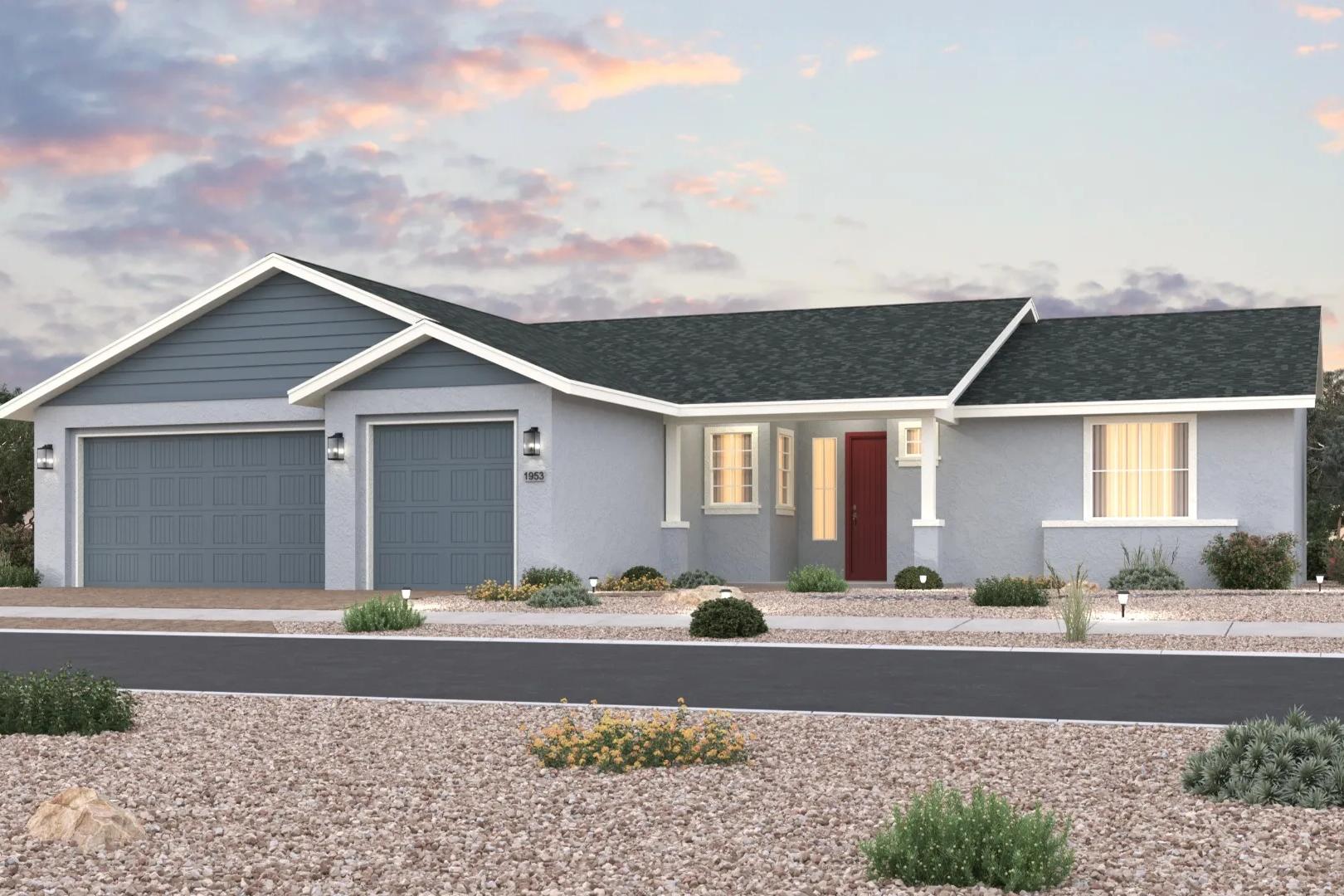 Contemporary single-story home exterior in Westwood Prescott AZ with desert landscaping, double garage, and sunset sky