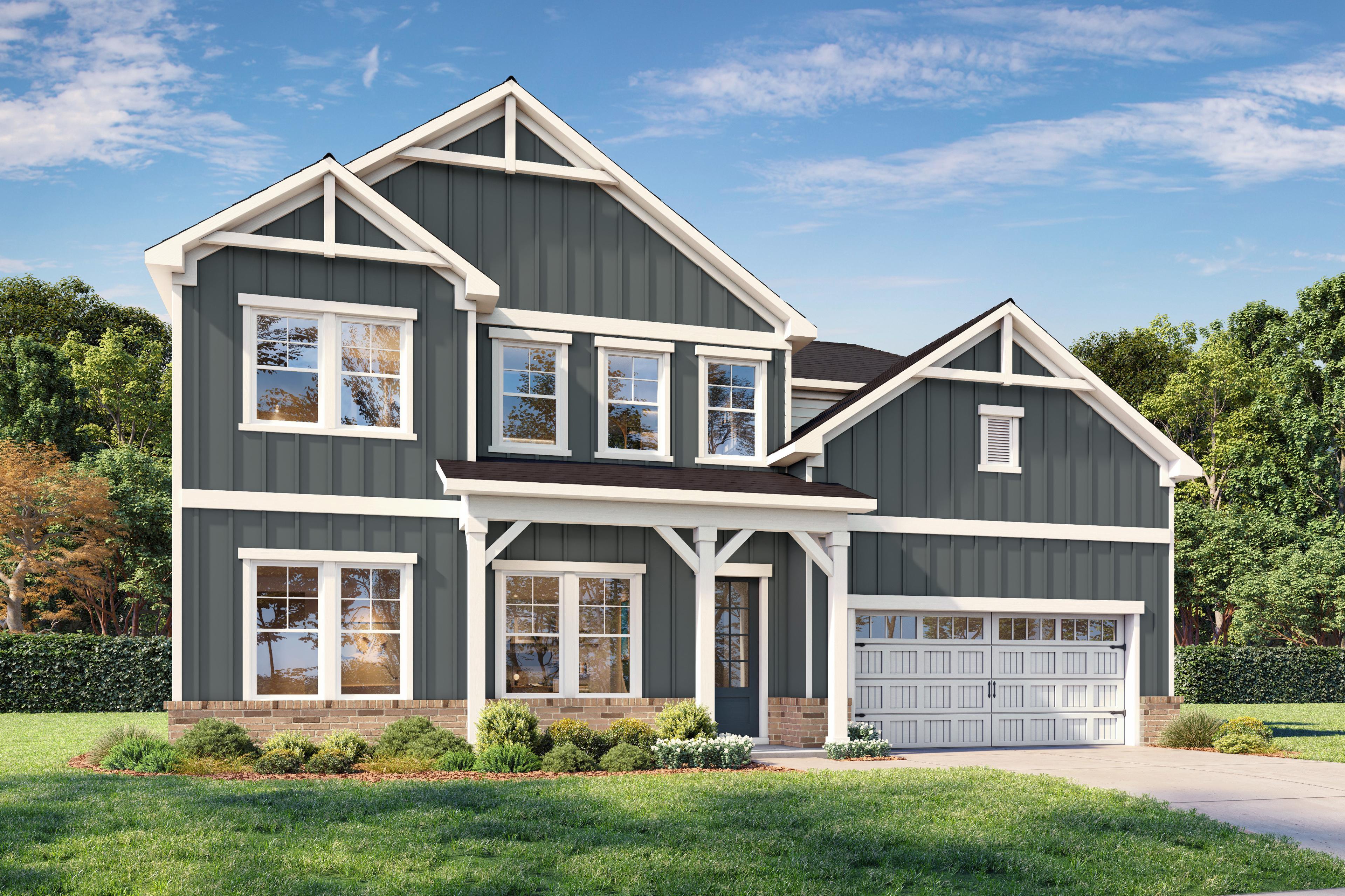 Two-story Barrington B home elevation with dark gray siding, brick base, white trim, 2-car garage, and lush landscaping in Apex, NC
