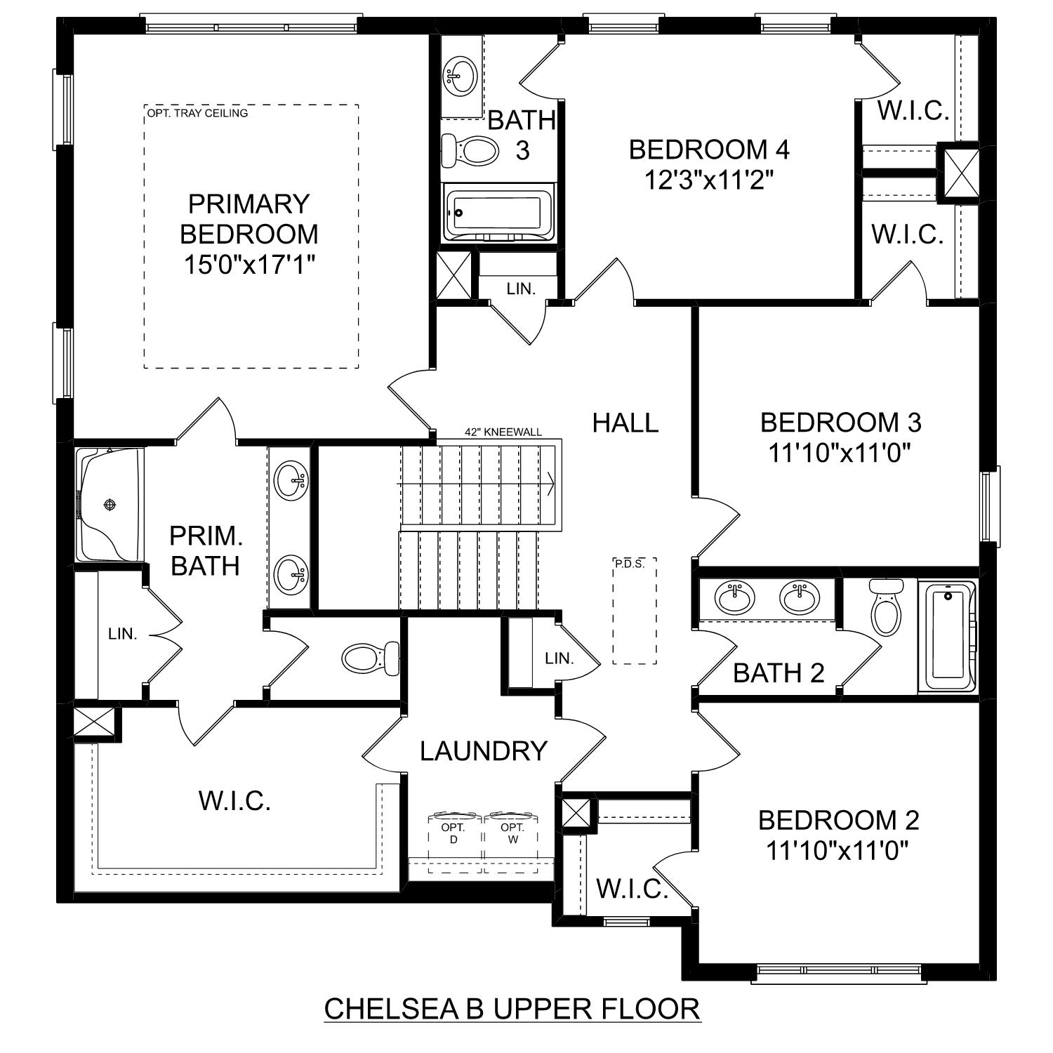 Second floor plan of The Chelsea B home design featuring primary suite with tray ceiling, 15x17 bedroom, and multiple baths