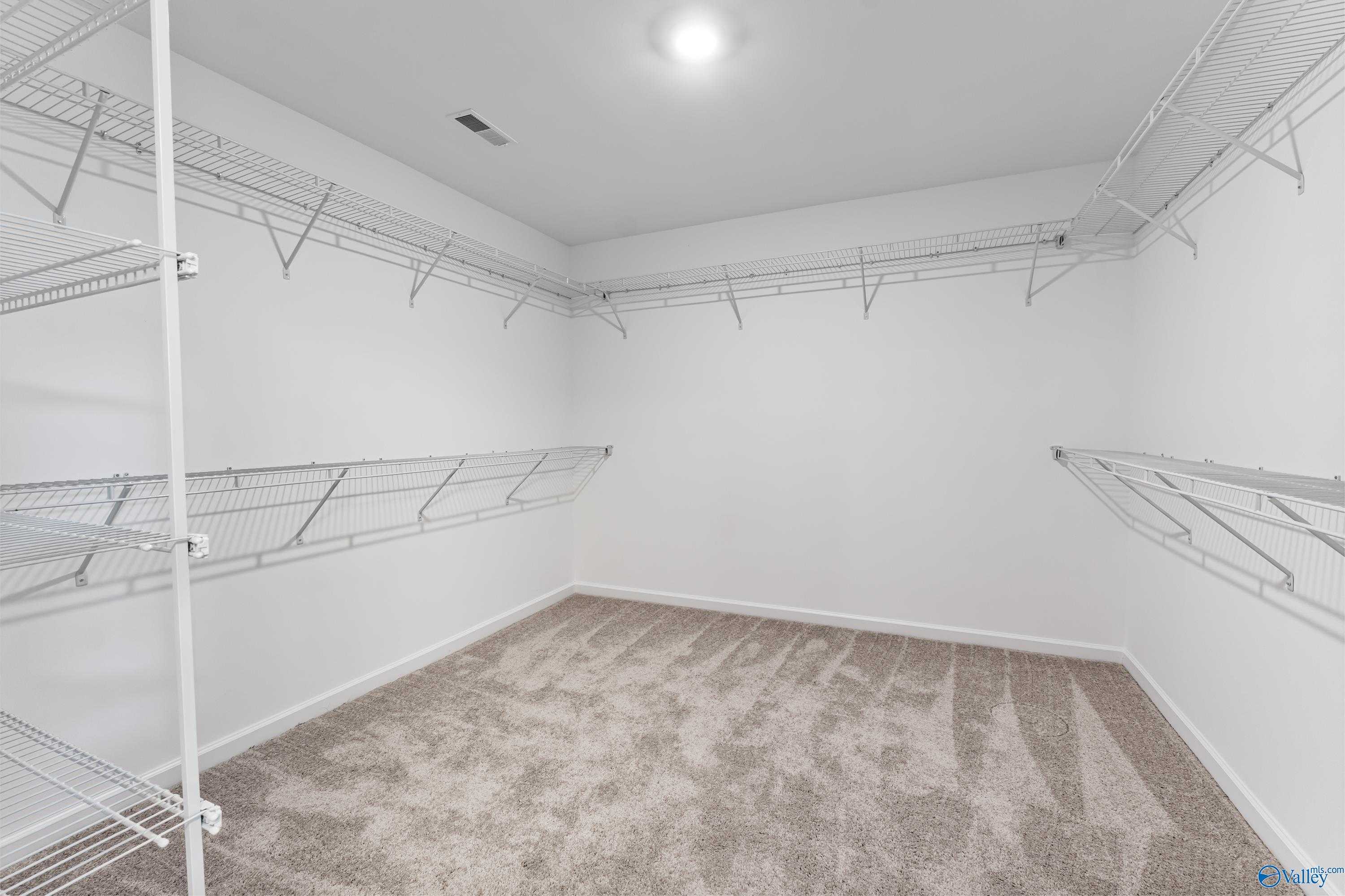Spacious walk-in closet featuring wire shelving, white walls, and beige carpet in Davidson Homes The Charm, Huntsville, Alabama