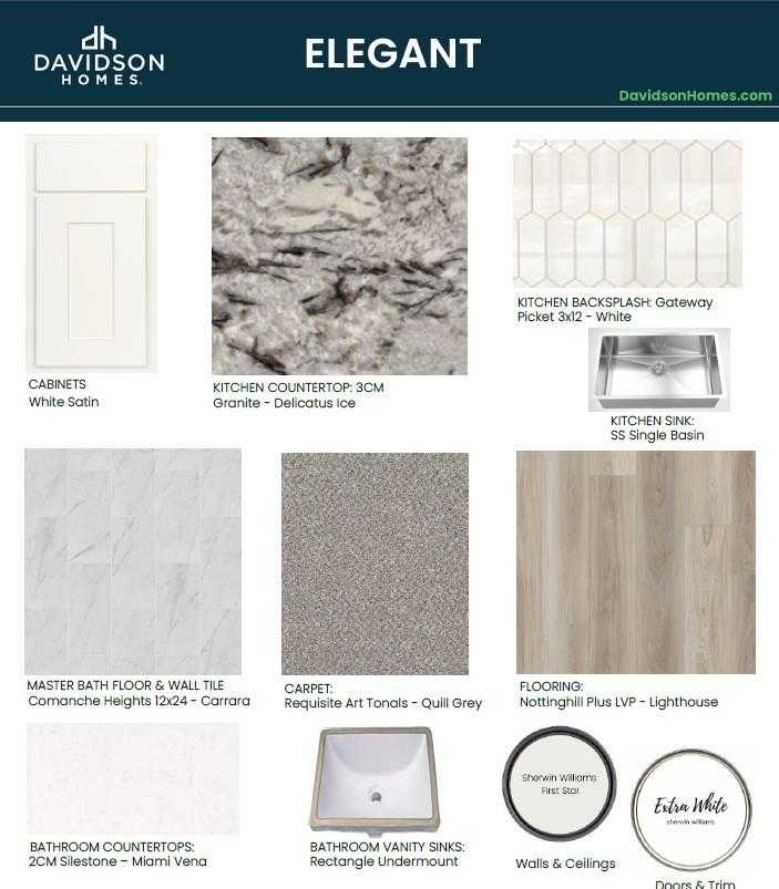 Material selection board for The Colorado G by Davidson Homes: white satin cabinets, Delicious Ice granite counters, Carrara tile in Conroe, Texas