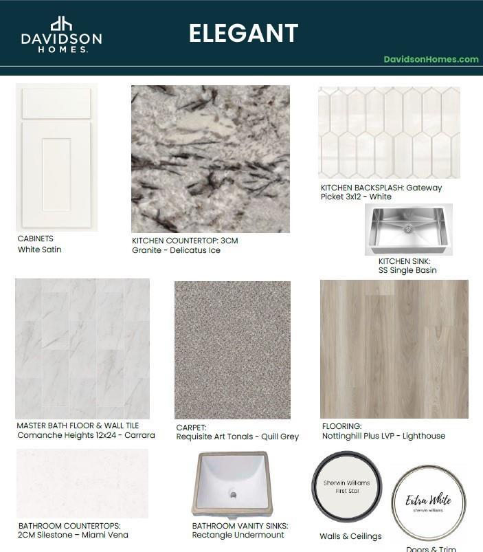 Kitchen material selections for Davidson Homes The Colorado G: white satin cabinets, Delicious Ice granite countertops, Elegant Quilt backsplash, Conroe Texas