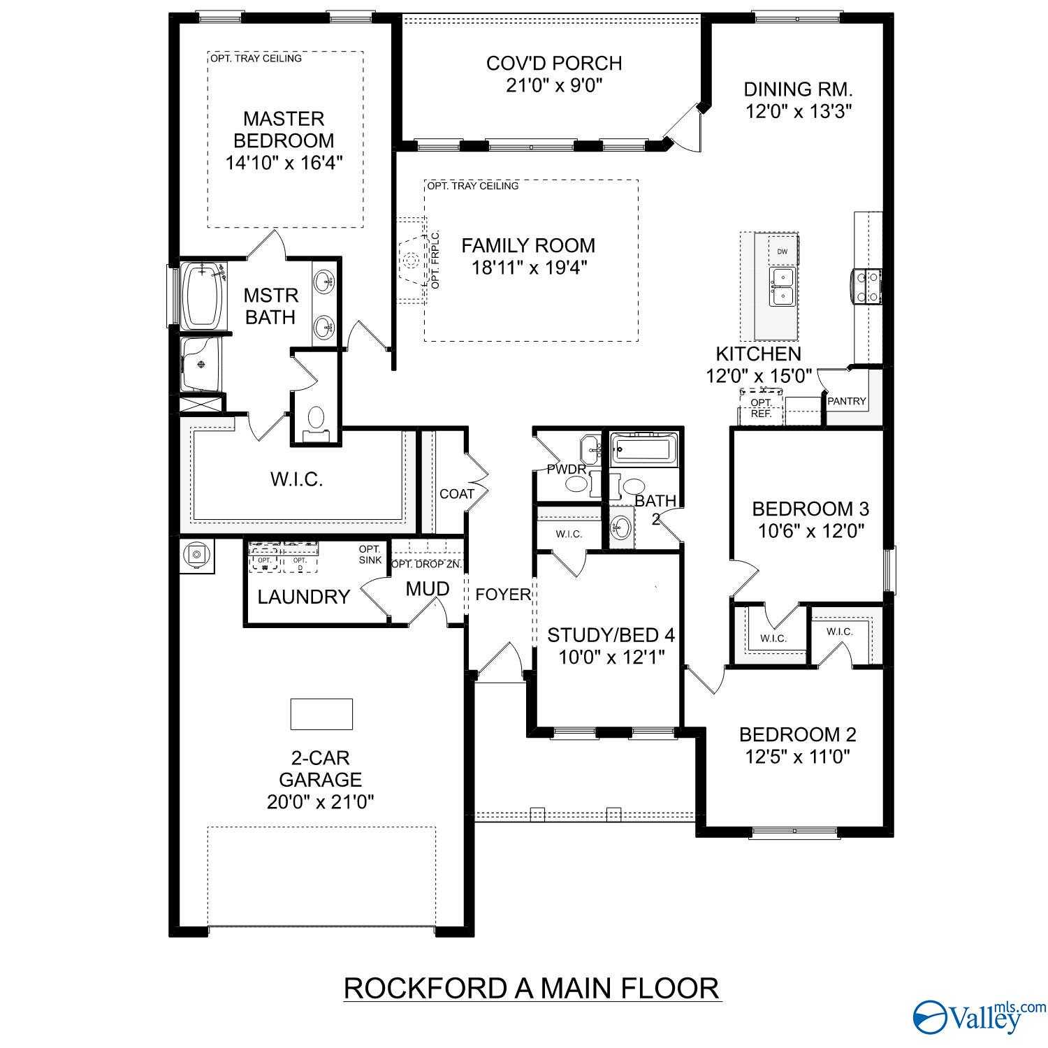 Rockford A floor plan: 3-bed, 2.5-bath layout with open kitchen, family room, master suite, and 3-car garage in Toney, AL