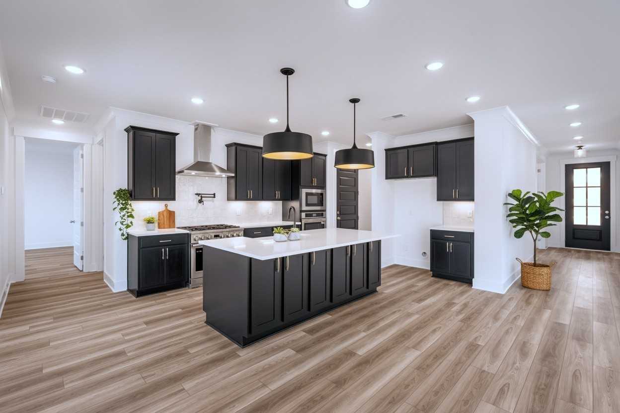 Modern kitchen featuring black shaker cabinets, white quartz island, gold pendant lights in Davidson Homes The Hathaway, Murfreesboro, TN