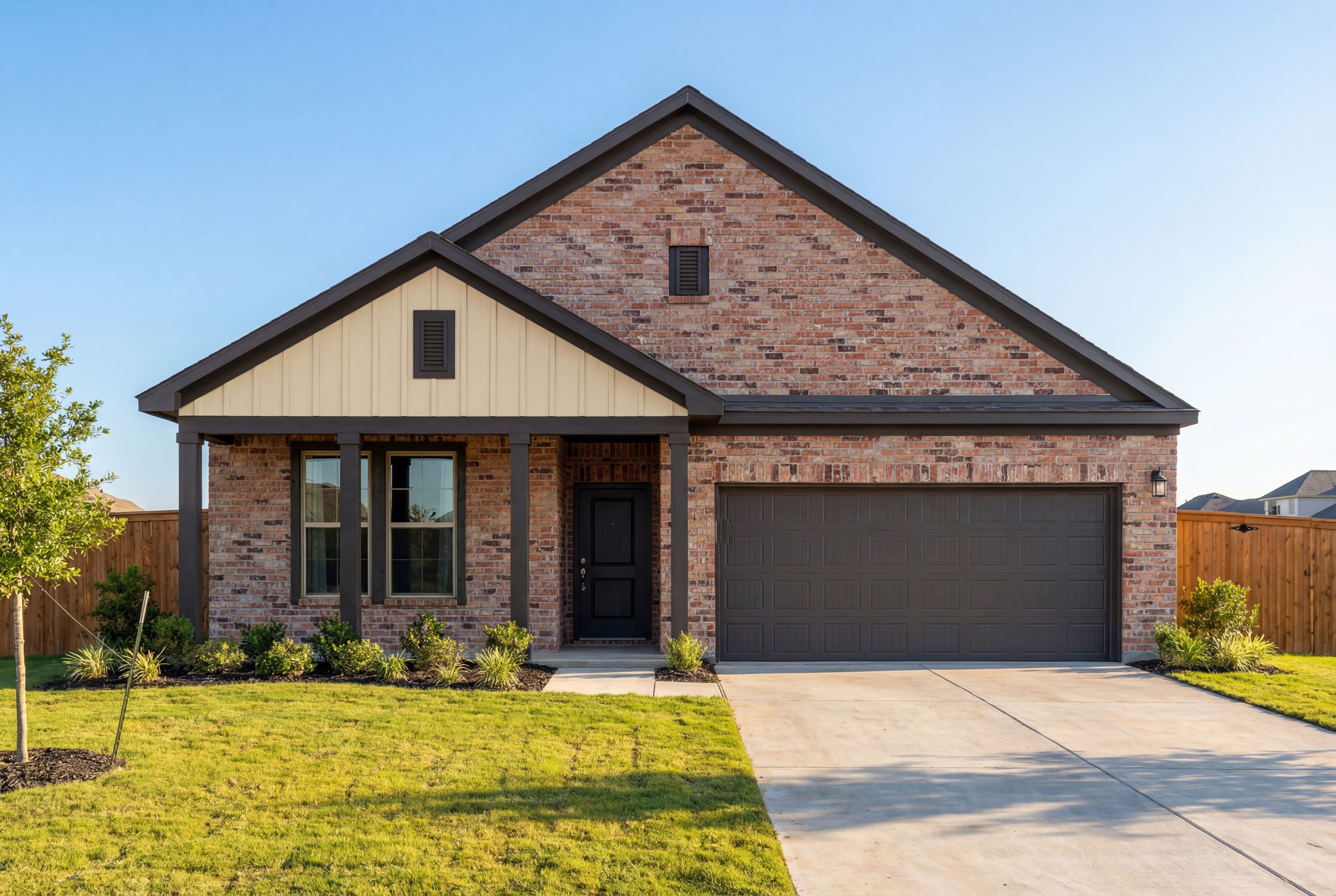 Brick and siding exterior of The Glen B 3-bedroom single-story home in Josephine TX with 2-car garage and front porch