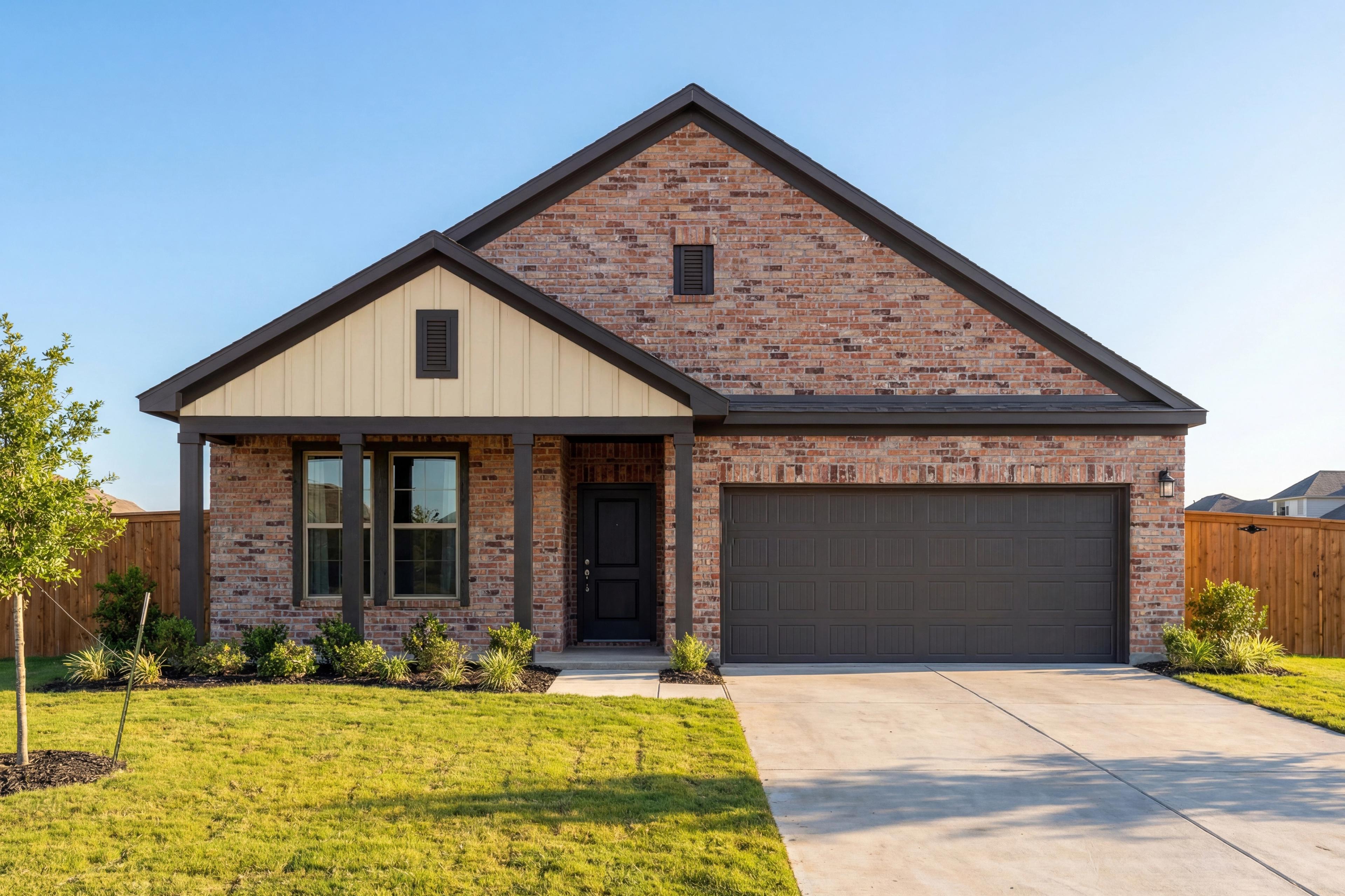 Brick and siding exterior of The Glen B 3-bedroom single-story home in Josephine TX with 2-car garage and front porch