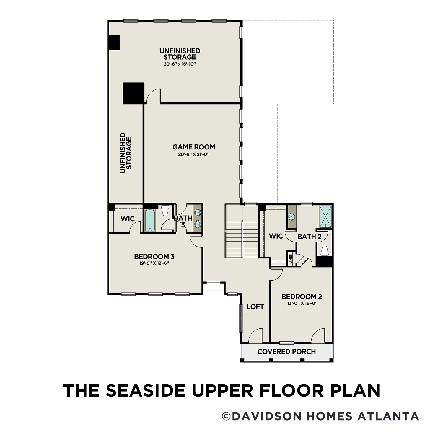 Upper floor plan of The Seaside showcasing master suite, loft, game room, bedroom 2, baths, and unfinished storage in Woodstock GA home