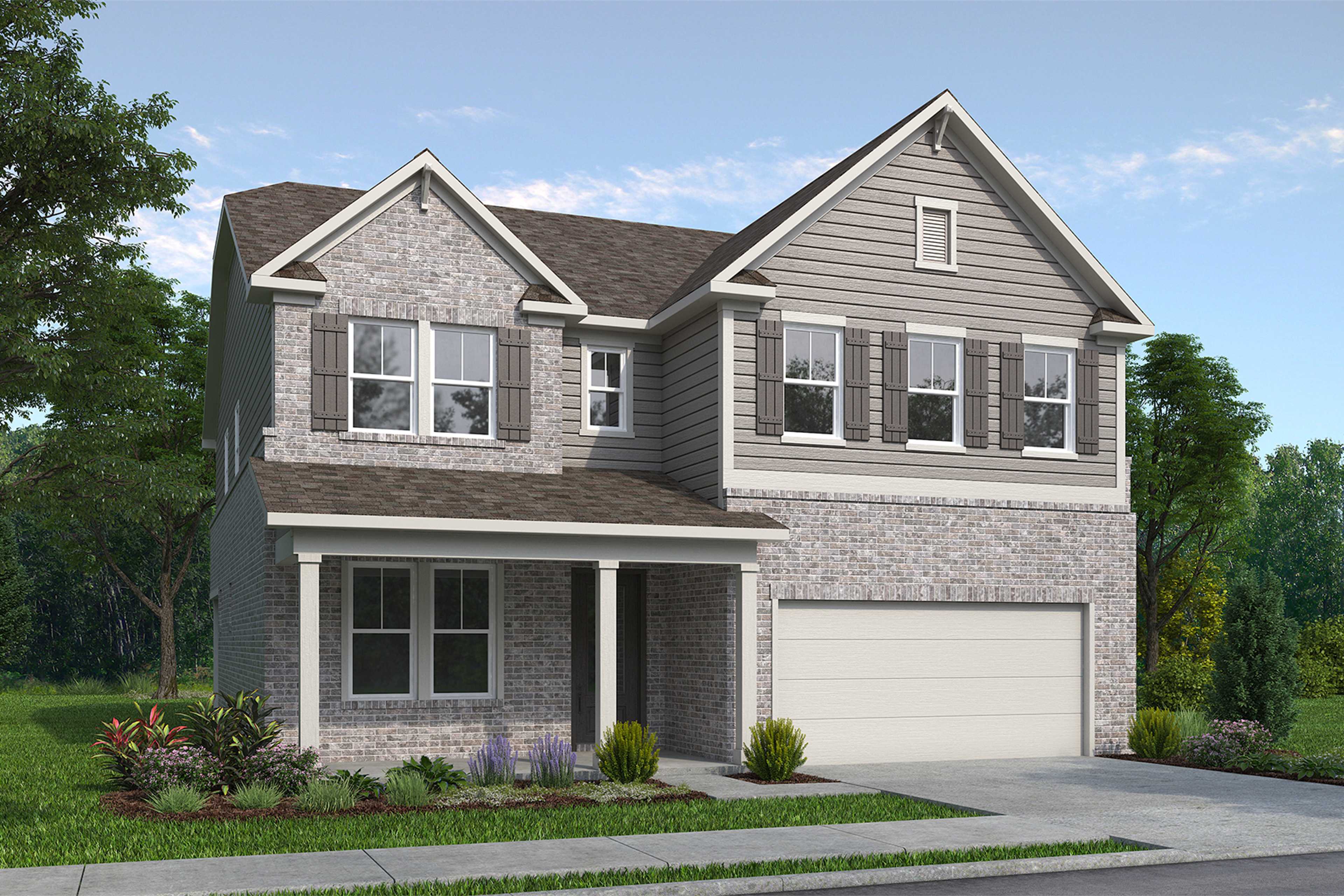 Two-story brick and siding home exterior at Fern Hollow in Buford Georgia with covered front porch and garage