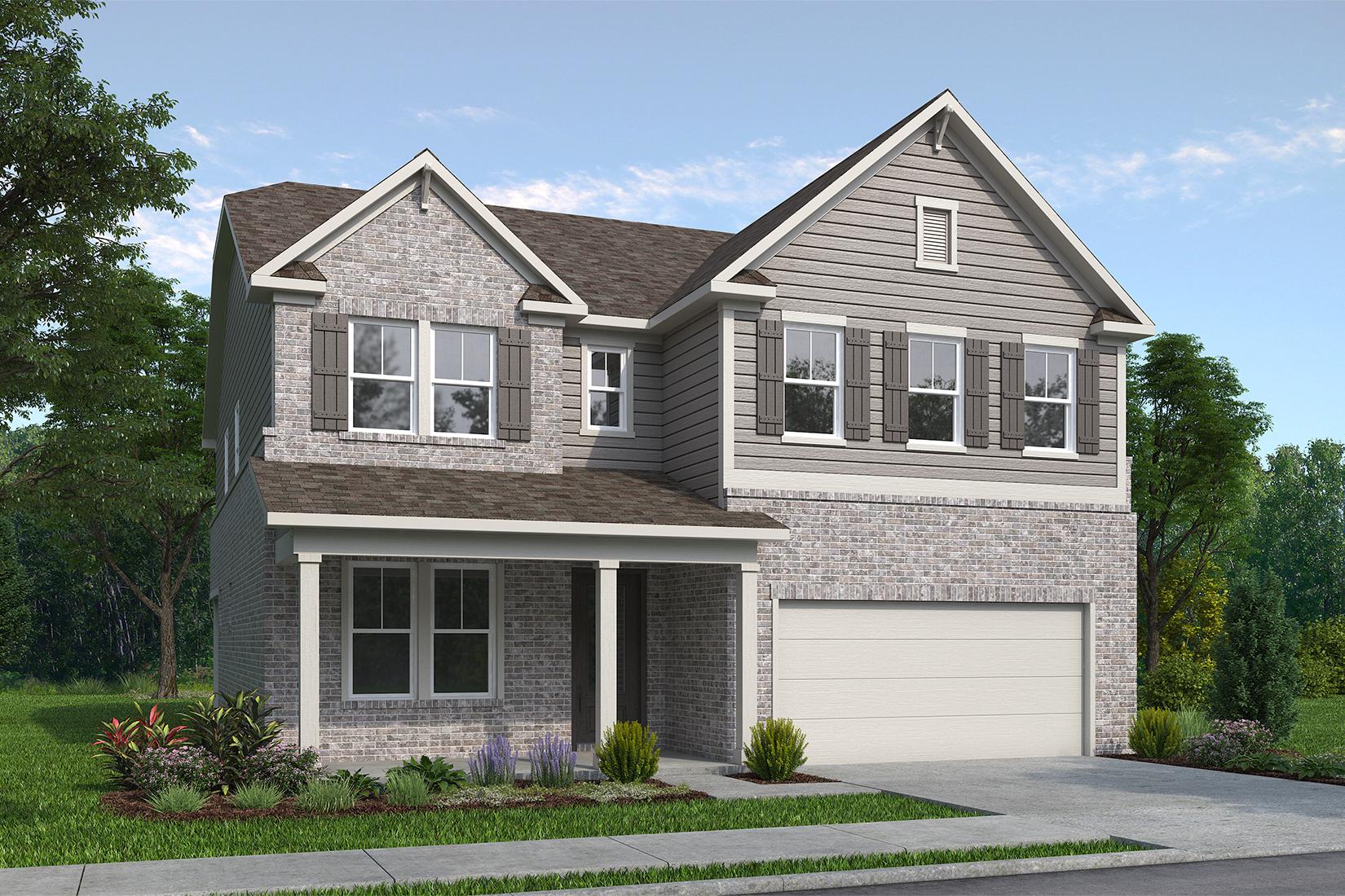 Two-story The Aspen A home elevation featuring brick and siding exterior, covered front porch, two-car garage, and landscaped yard in Buford, GA