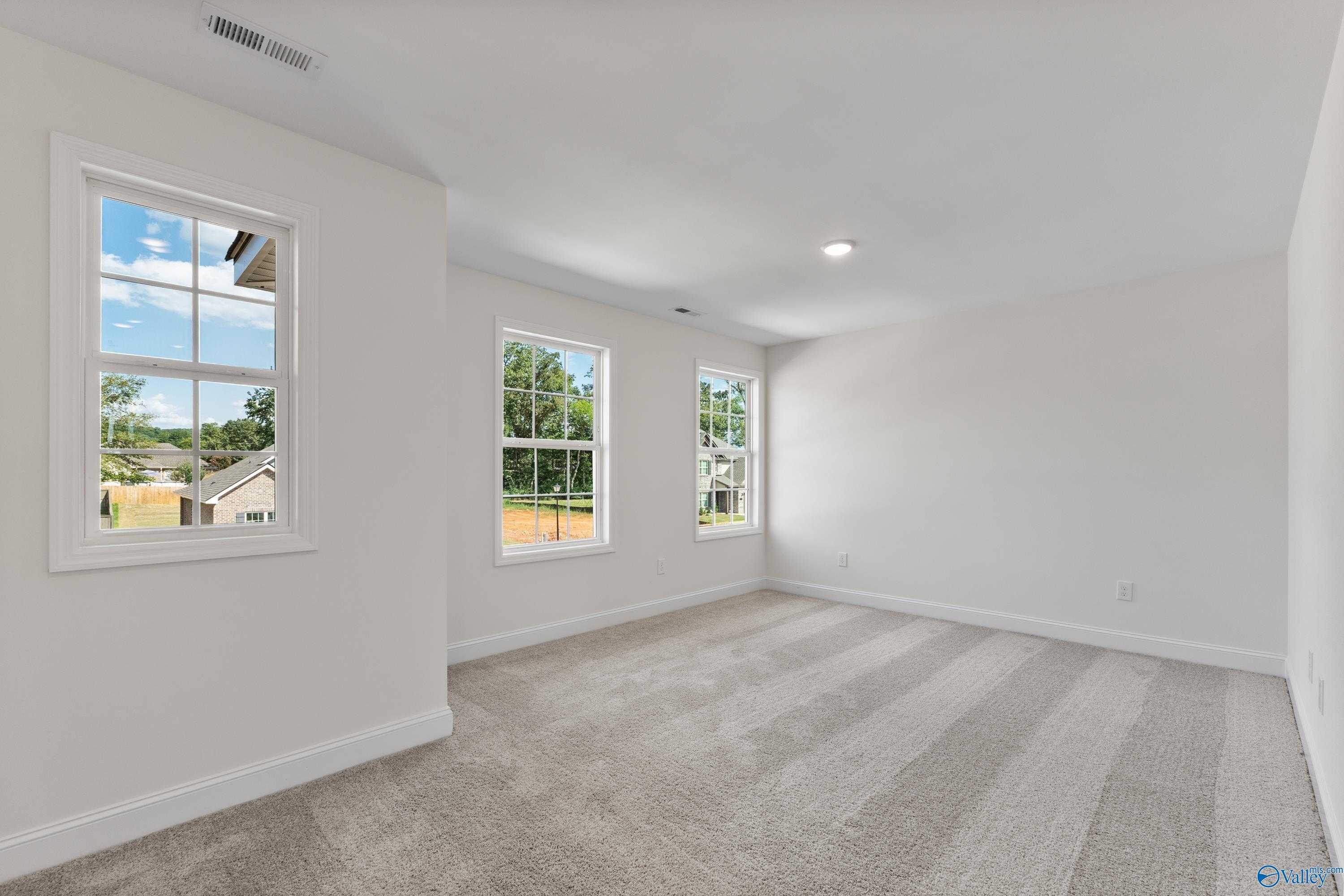 Bright secondary bedroom with large windows overlooking treed yard in Davidson Homes The Shelby A, New Market, Alabama