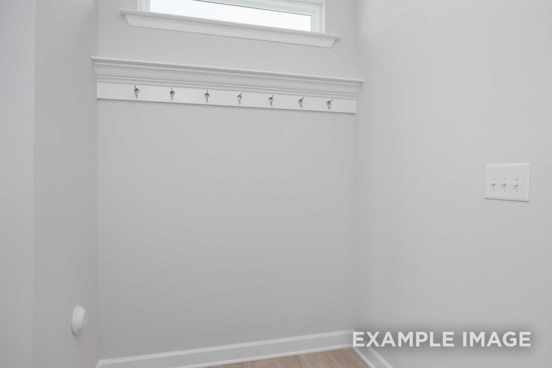 Entryway in The Gavin C home design featuring white coat hooks on gray wall, transom window, and light switch
