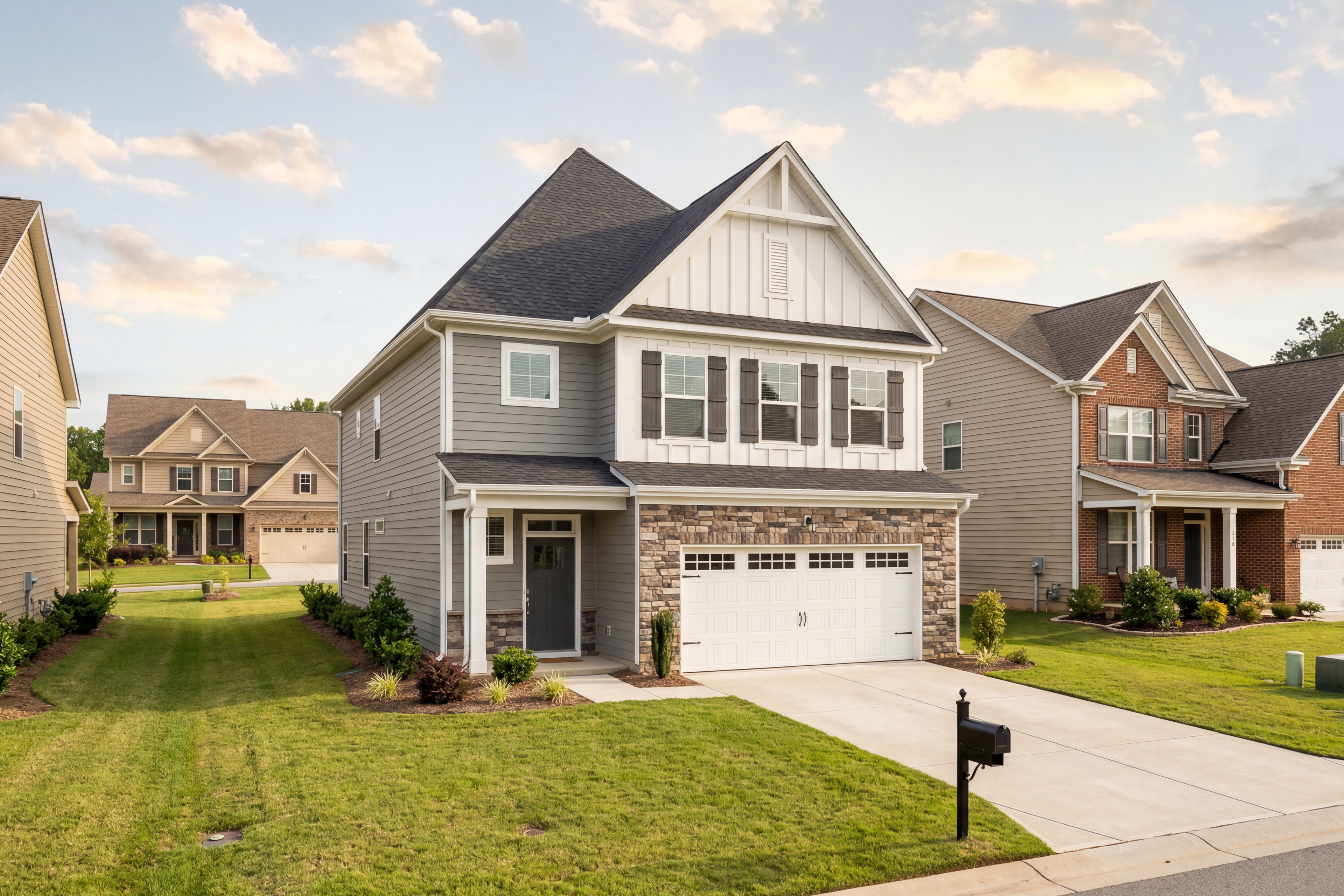 Two-story Preston C home exterior with gray siding, stone accents, covered porch, and two-car garage in Wendell NC