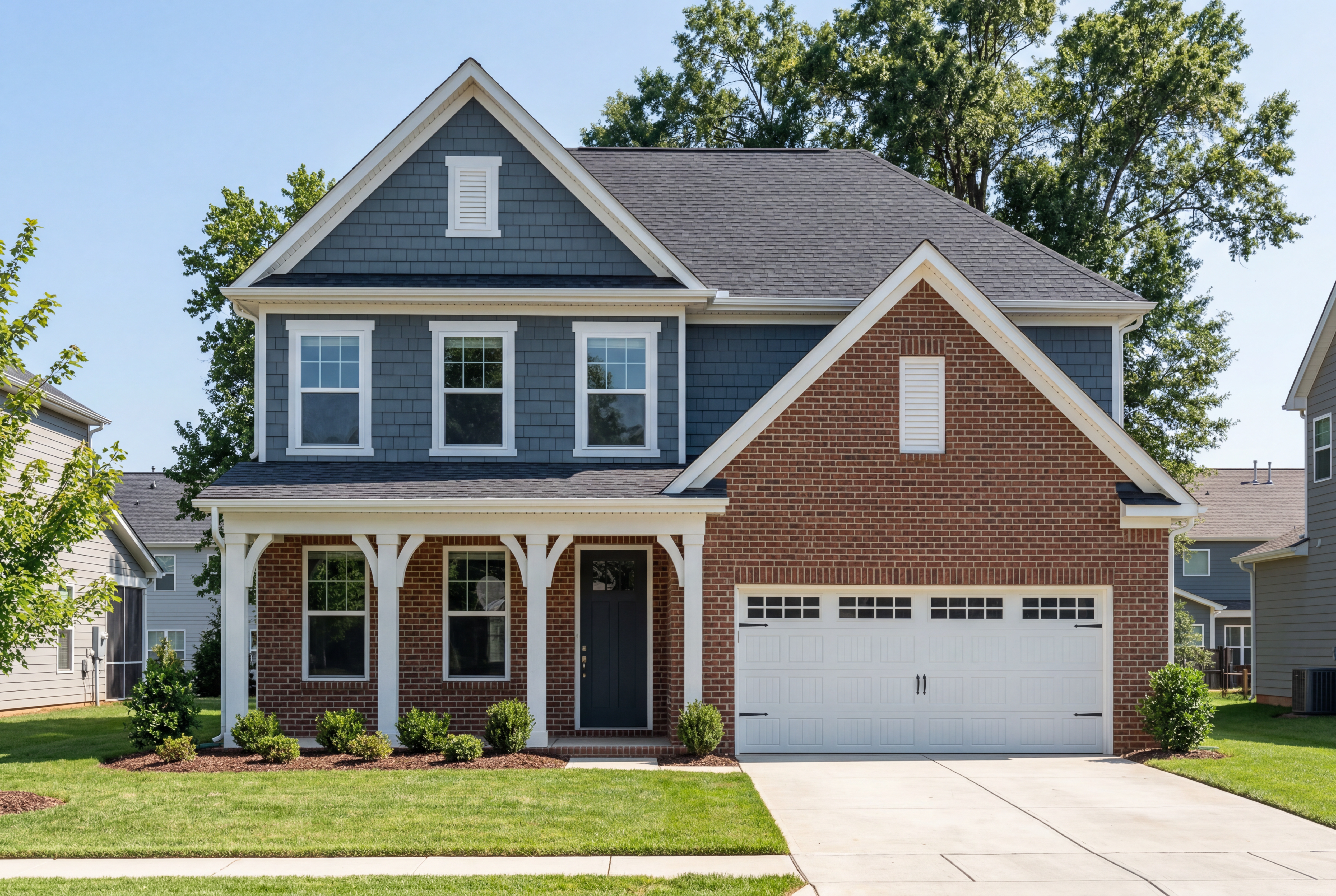Two-story Ashport G elevation by Davidson Homes featuring brick and vinyl exterior, covered porch, 2-car garage in Belmont NC